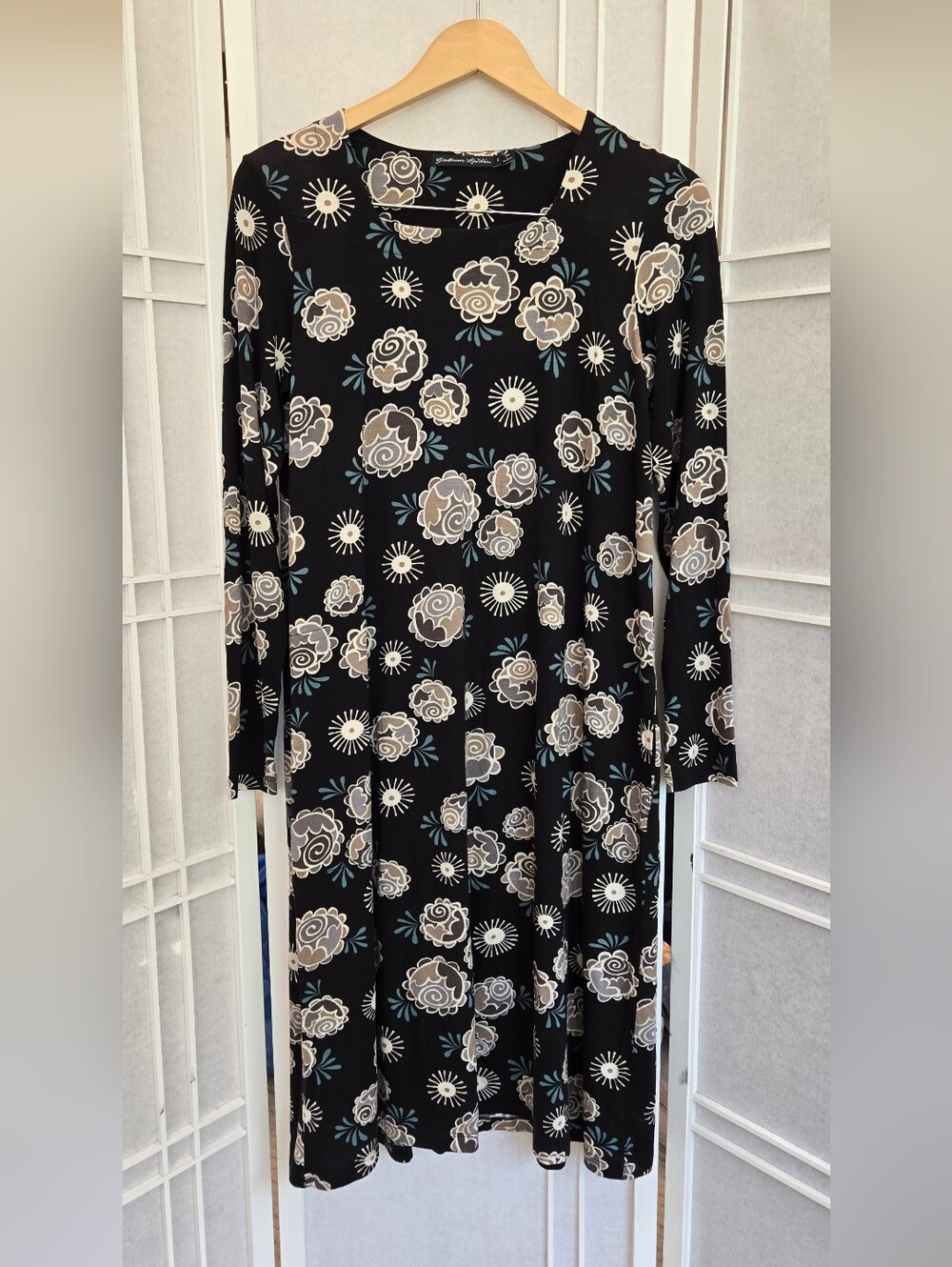 Gudrun Sjoden Black Floral Long-Sleeve Midi Dress with Cream and Blue Accents